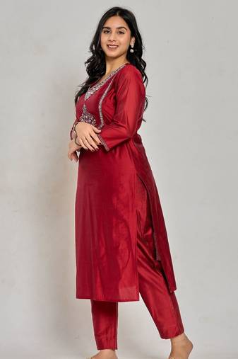 Maroon color mirror embroidery kurta with pant