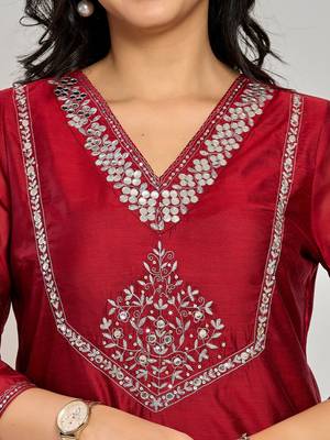 Maroon color mirror embroidery kurta with pant 3