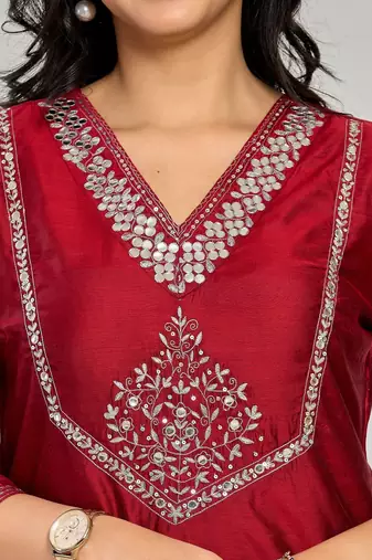 Maroon color mirror embroidery kurta with pant