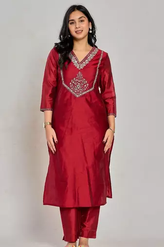 Maroon color mirror embroidery kurta with pant