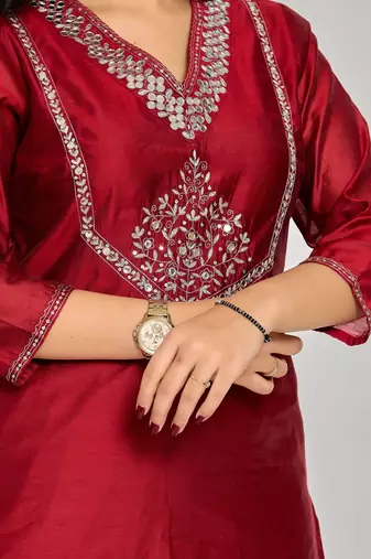 Maroon color mirror embroidery kurta with pant