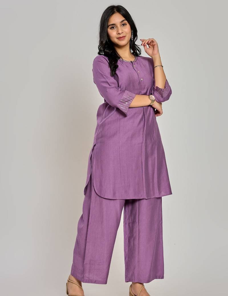 Purple color zari embroidery co-ord set