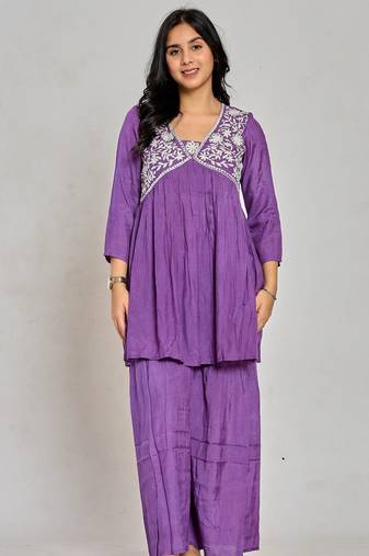 Purple color mirror work with thread embroidery palazzo set