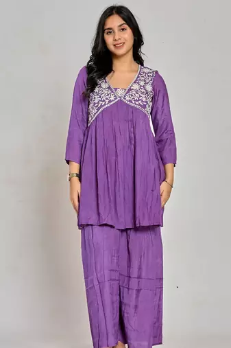 Purple color mirror work with thread embroidery palazzo set