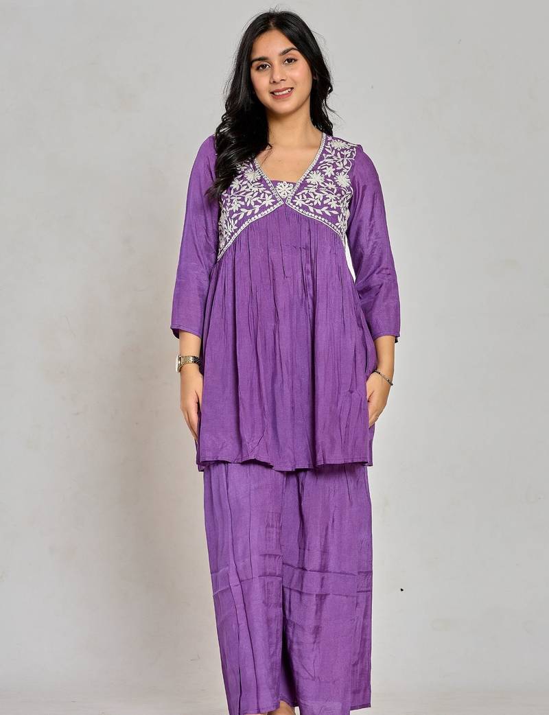 Purple color mirror work with thread embroidery palazzo set