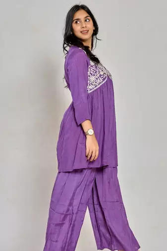 Purple color mirror work with thread embroidery palazzo set