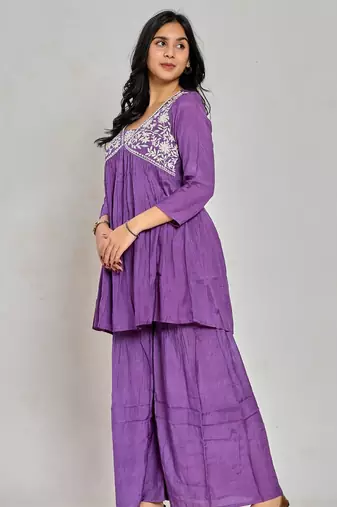 Purple color mirror work with thread embroidery palazzo set