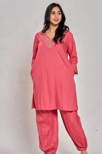 Coral pink color zari and sequin work kurta with pant