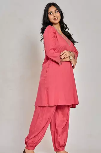 Coral pink color zari and sequin work kurta with pant