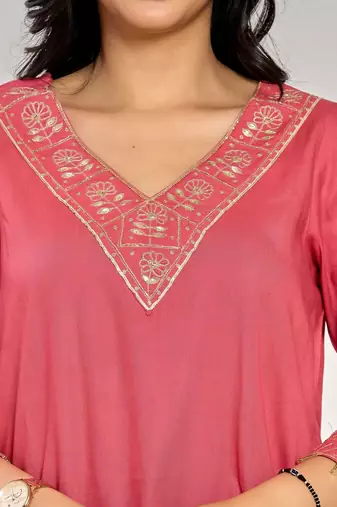 Coral pink color zari and sequin work kurta with pant