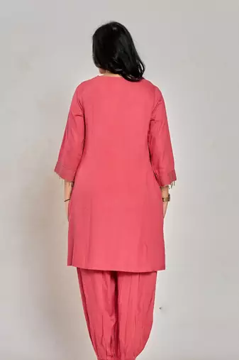 Coral pink color zari and sequin work kurta with pant