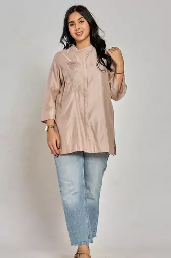 Champagne beige color resham work with zari tunic