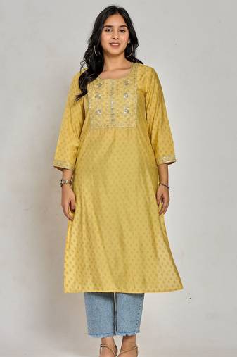 Mustard yellow color gold print / zari embroidery kurti