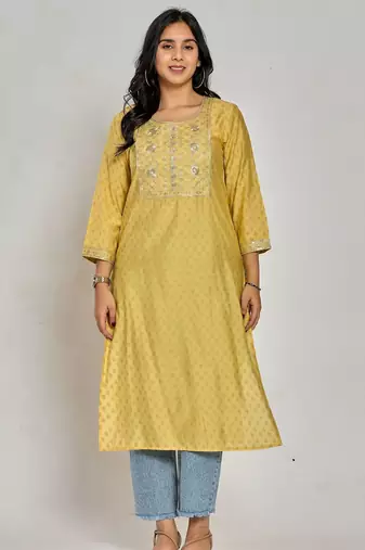 Mustard yellow color gold print / zari embroidery kurti