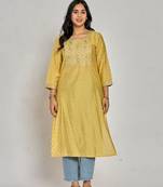 Mustard yellow color gold print / zari embroidery kurti