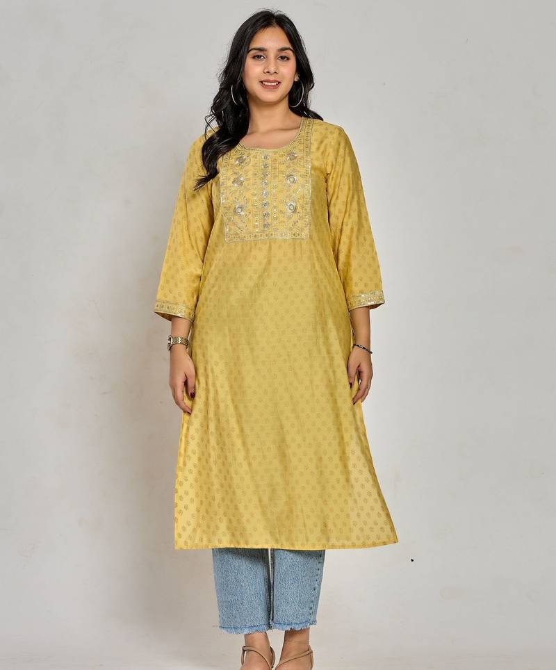 Mustard yellow color gold print / zari embroidery kurti