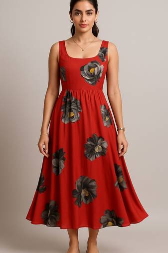 Rust color floral print (black & grey flowers with yellow accents) dress