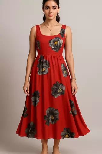 Rust color floral print (black & grey flowers with yellow accents) dress