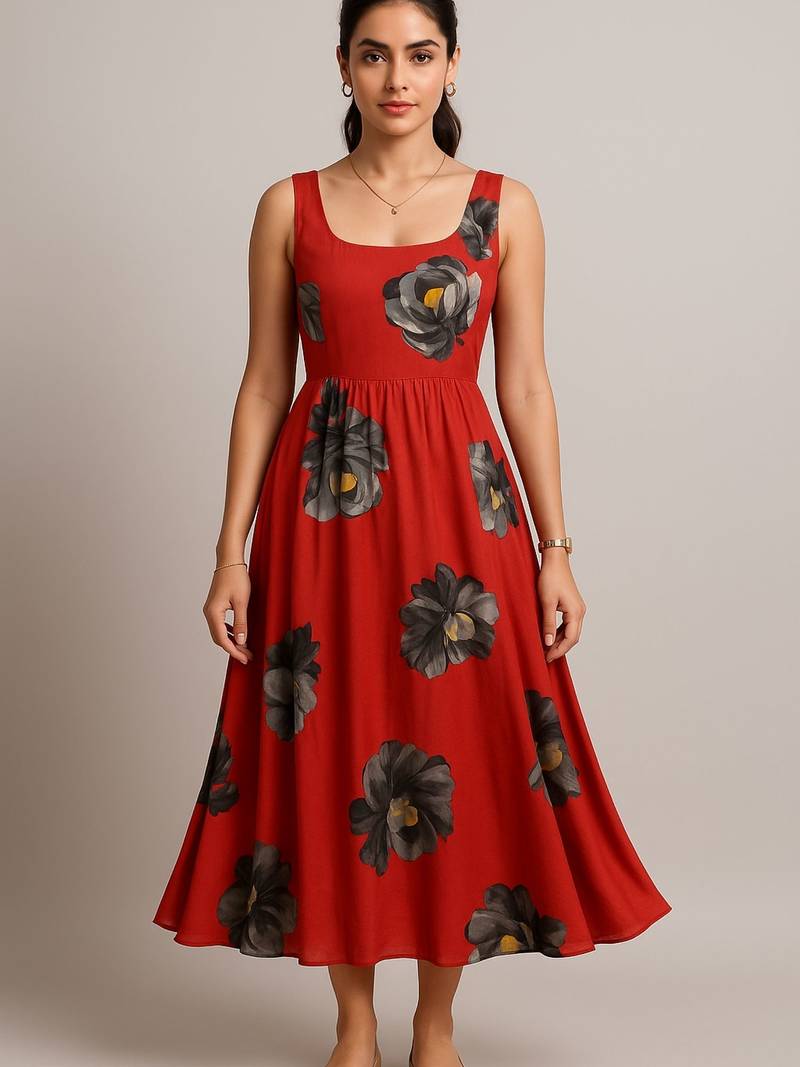 Rust color floral print (black & grey flowers with yellow accents) dress