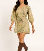 Light yellow color botanical and bird print with multicolor detailing dress