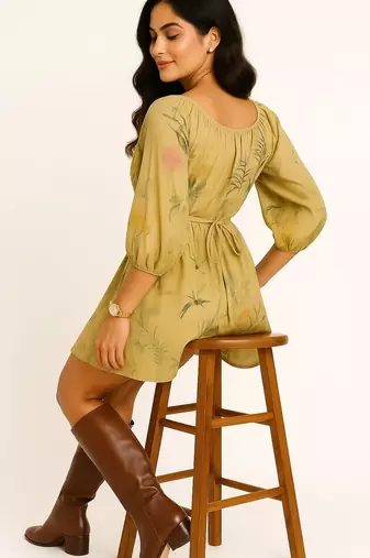 Light yellow color botanical and bird print with multicolor detailing dress
