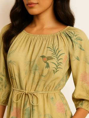 Light yellow color botanical and bird print with multicolor detailing dress 4