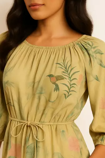 Light yellow color botanical and bird print with multicolor detailing dress
