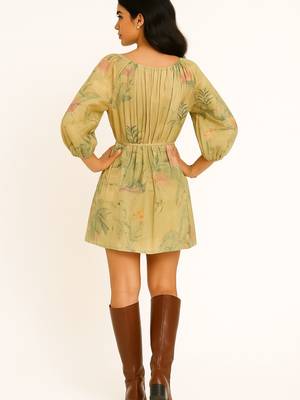 Light yellow color botanical and bird print with multicolor detailing dress 5