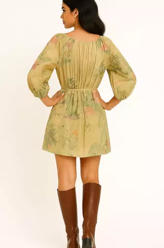 Light yellow color botanical and bird print with multicolor detailing dress
