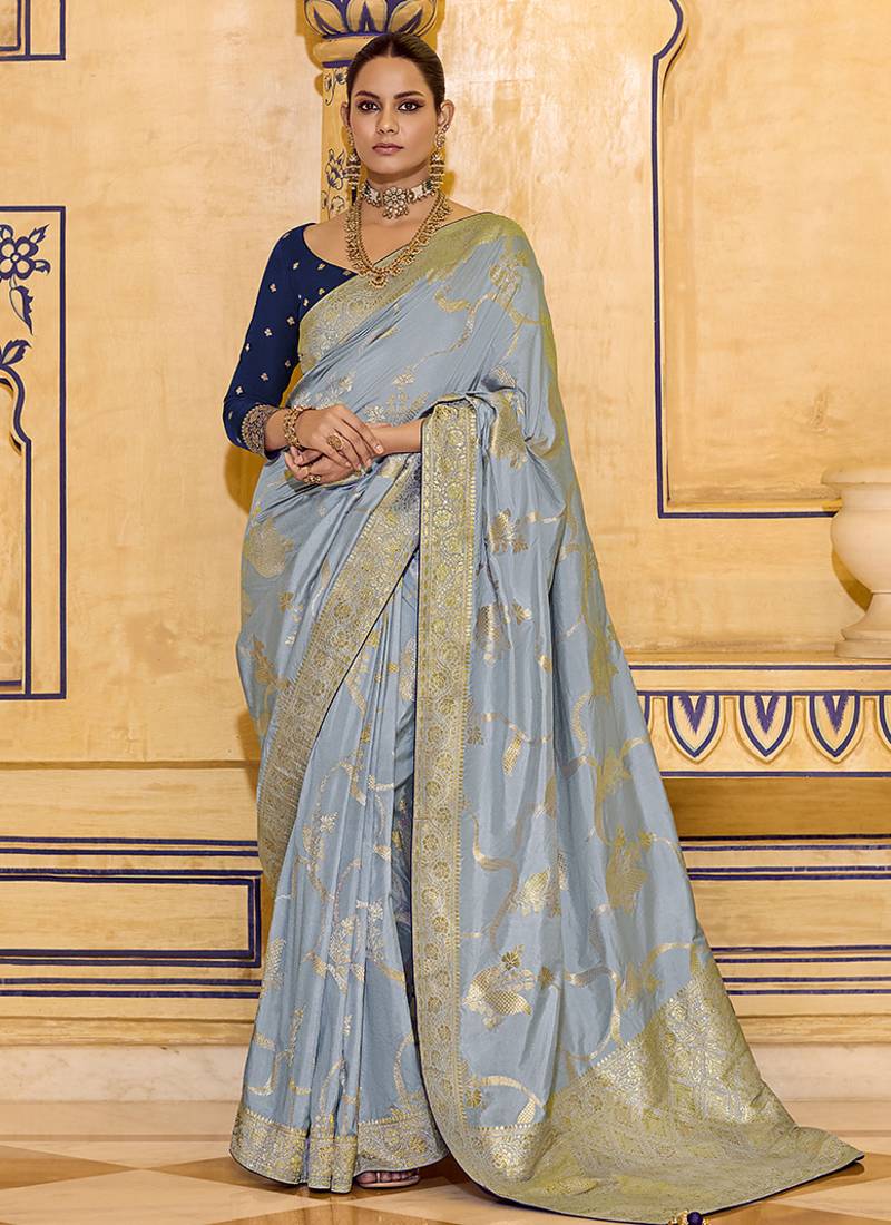 light blue faux crepe art silk with beautiful zari weaving work classic saree