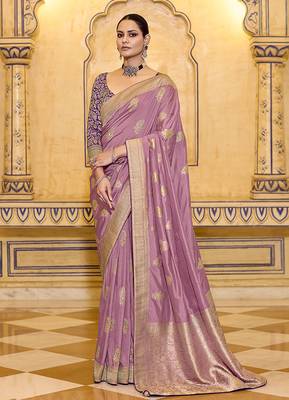 onion pink faux crepe silk blend zari weaving work saree 1