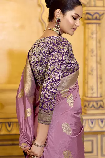 onion pink faux crepe silk blend zari weaving work saree