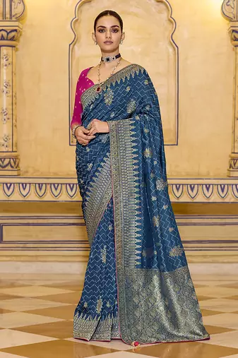 teal blue faux crepe art silk with beautiful zari weaving work classic saree