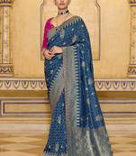 teal blue faux crepe art silk with beautiful zari weaving work classic saree