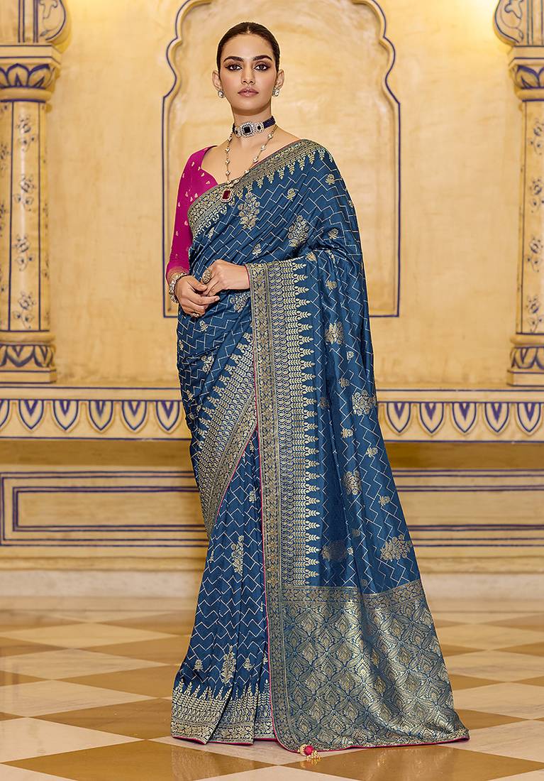 teal blue faux crepe art silk with beautiful zari weaving work classic saree