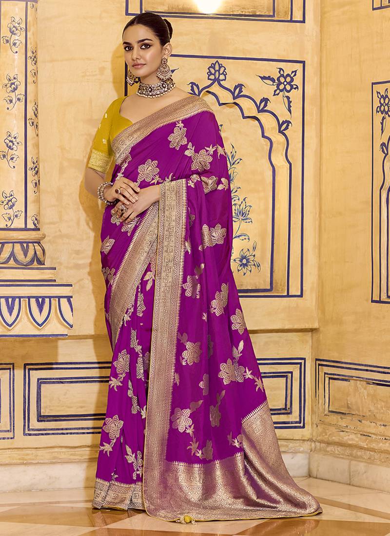 magenta faux crepe art silk with beautiful zari weaving work classic saree