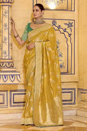 mustard faux crepe art silk with beautiful zari weaving work classic saree