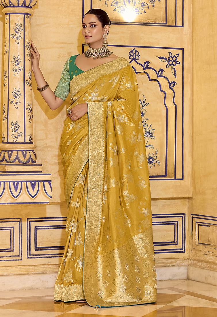 mustard faux crepe art silk with beautiful zari weaving work classic saree