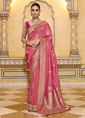 dark peach faux crepe silk blend zari weaving work saree 1