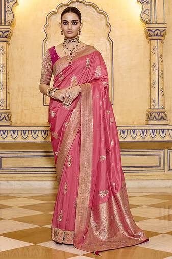 dark peach faux crepe art silk with beautiful zari weaving work classic saree