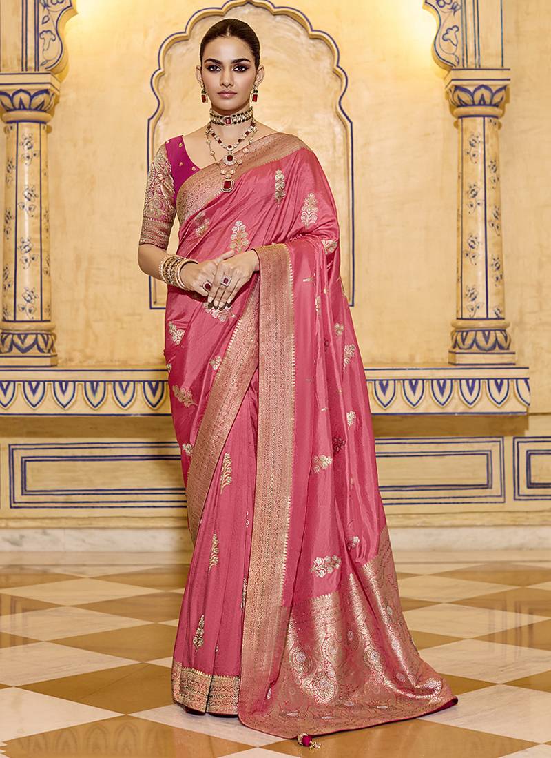 dark peach faux crepe art silk with beautiful zari weaving work classic saree