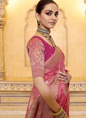 dark peach faux crepe silk blend zari weaving work saree 2