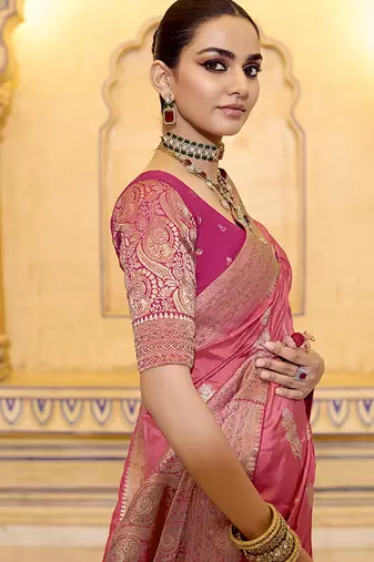 dark peach faux crepe silk blend zari weaving work saree