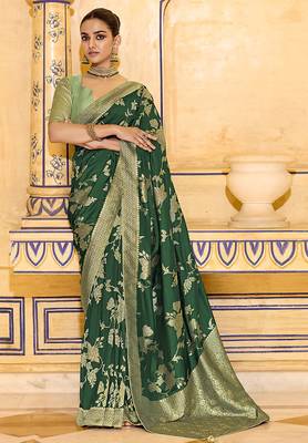 dark green faux crepe silk blend zari weaving work saree 1
