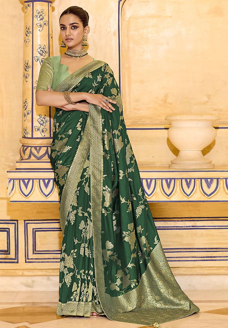 dark green faux crepe art silk with beautiful zari weaving work classic saree
