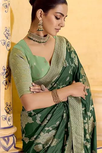 dark green faux crepe silk blend zari weaving work saree