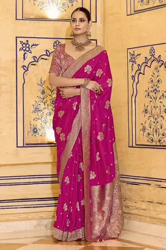 rani pink faux crepe art silk with beautiful zari weaving work classic saree