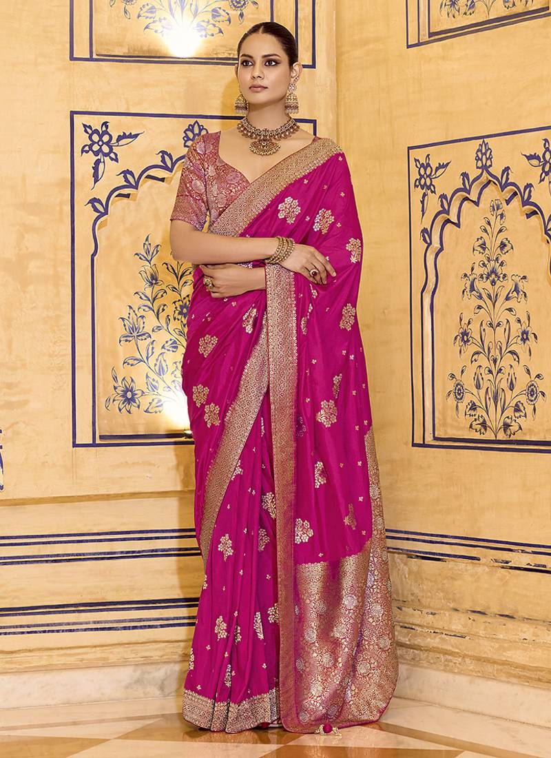 rani pink faux crepe art silk with beautiful zari weaving work classic saree