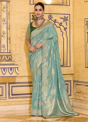 sea green faux crepe silk blend zari weaving work saree 1