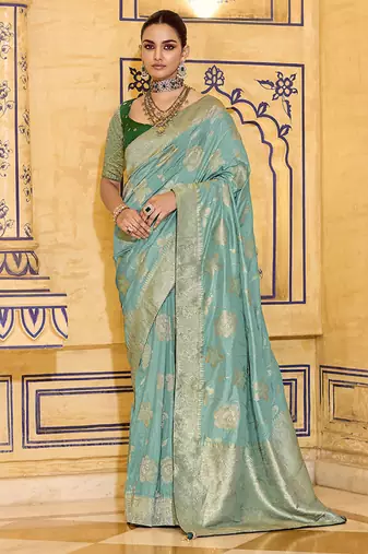 sea green faux crepe art silk with beautiful zari weaving work classic saree